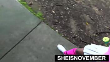 American ebony walking after blowjob in public sheisnovember lost a bet then sucked a dick with her giant titties and nipples out then walked flashing her panties with upskirt exposure and cute ebony thighs by msnovember